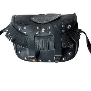 Black Leather Saddlebag Style Crossbody Bag Fringe Snap Closure DS Embossed Stud